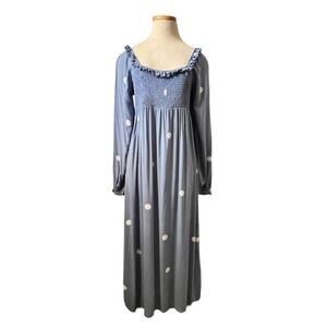 Nordstrom Smocked Midi Dress Square Neck Ruffle Size M Blue White Big Polka Dot